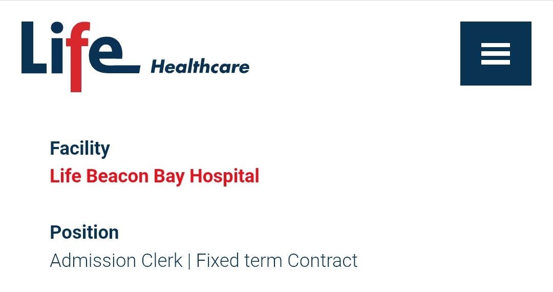 Life Healthcare ikhangela i Admission Clerk, @Life Beacon Bay Hospital ...
